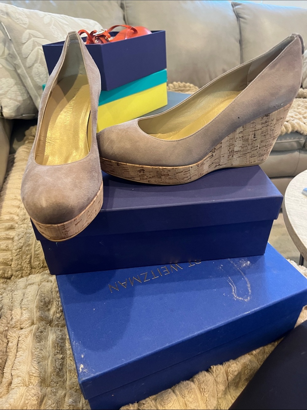 Stuart Weitzman Taupe Suede Cork Wedge Pumps